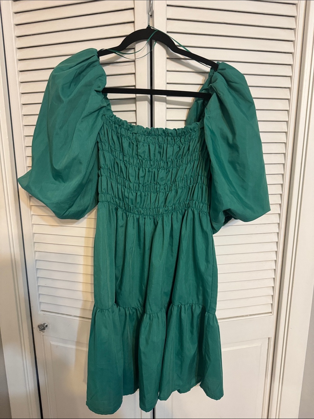 Vine & Love Teal Puff-Sleeve Smocked Mini Dress